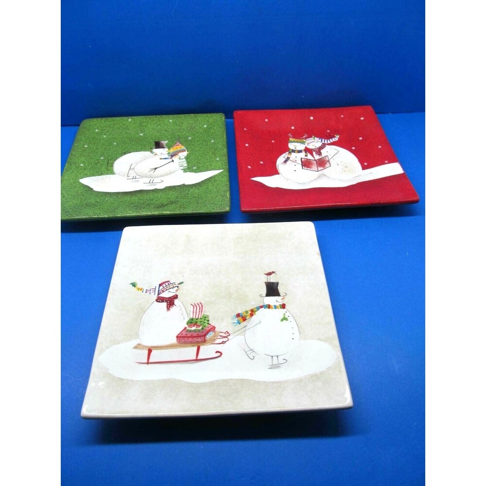 Oneida Snowman Square 8 1/8" Winter Plates Ser Of 3 Different Designs Unused